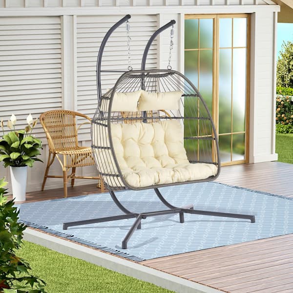 Boosicavelly 2 Person Wicker Rattan Patio Hanging Swing Egg Chair with Dark Beige Cushion