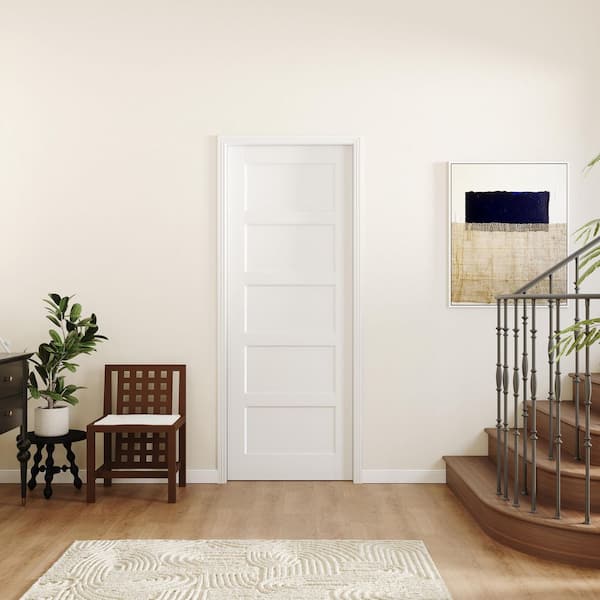56 in. x 80 in. 5 Panel, MDF, Composite, Solid Core, Pre-assembled Panel White Primed Interior Door Slab