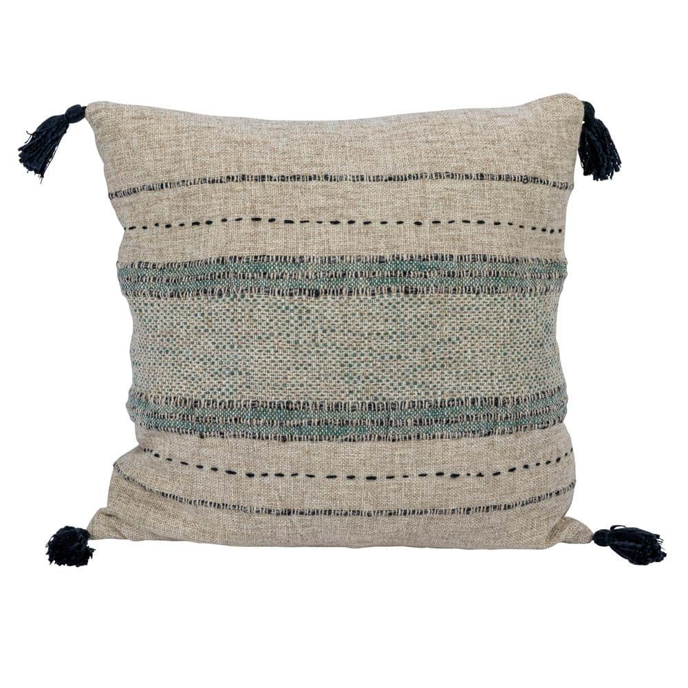 18" Square Natural Cotton Embroidered Pillow with Tassels
