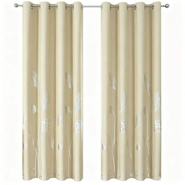 Beige Palm Printed 52 in. W x 84 in. L Room Darkening Curtain (Set of 2 Panels)
