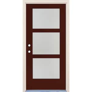 36 in. x 80 in. Right-Hand/Inswing 3 Lite Satin Etch Glass Chestnut Fiberglass Prehung Front Door w/4-9/16" Frame