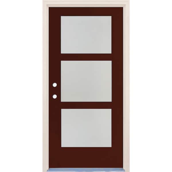 Builders Choice 36 in. x 80 in. Right-Hand/Inswing 3 Lite Satin Etch Glass Chestnut Fiberglass Prehung Front Door w/4-9/16" Frame