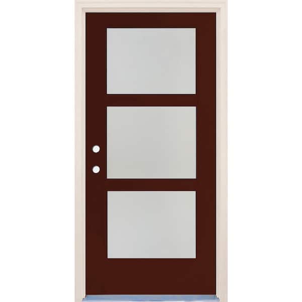 Builders Choice 36 in. x 80 in. Right-Hand/Inswing 3 Lite Satin Etch Glass Chestnut Fiberglass Prehung Front Door w/6-9/16" Frame