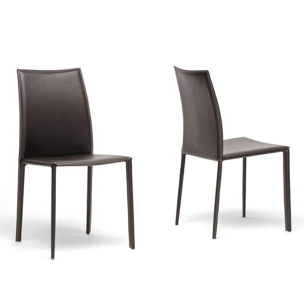 High-Back Parsons Side Chair in Brown Faux Leather and Metal