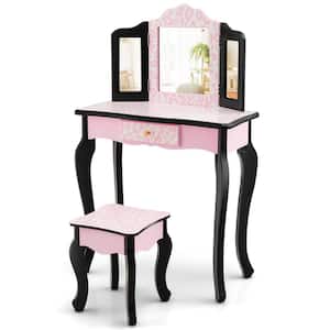 Kid Vanity Set Wooden Makeup Table Stool Tri-Folding Mirror Leopard Print Pink