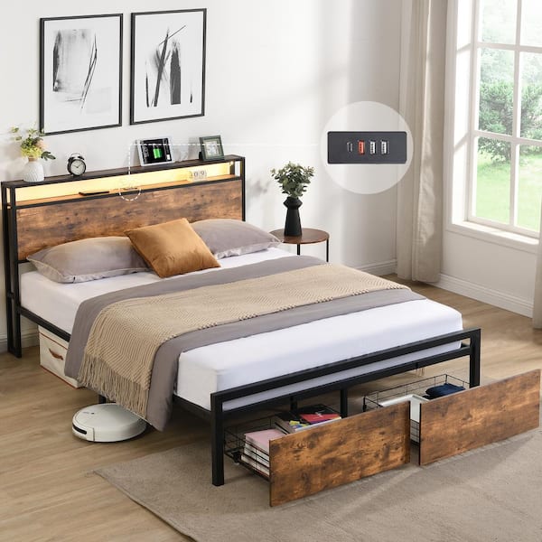 Black and Brown Metal Frame Queen Size Platform Bed with Storage Headboard, Charging Station, LED Lights and 2 Drawers