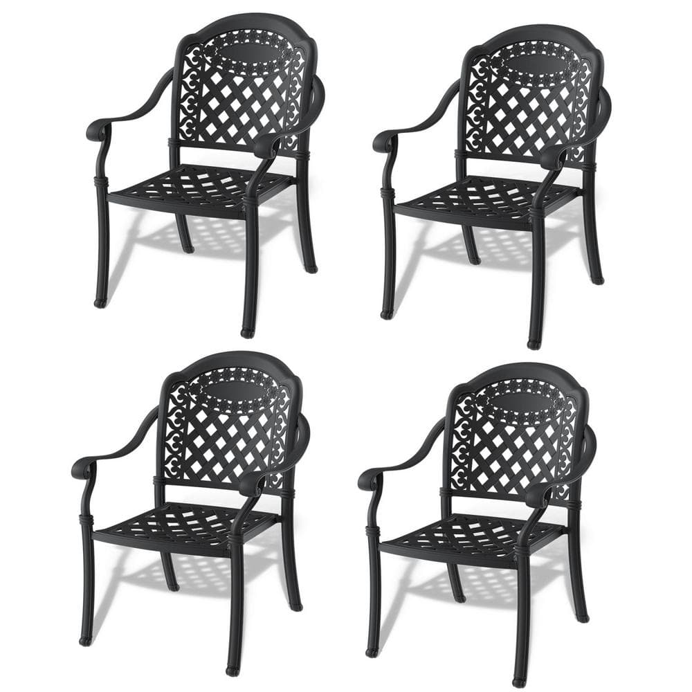 Black Cast Aluminum Outdoor Dining Chair with Random Solid Color Cushions (