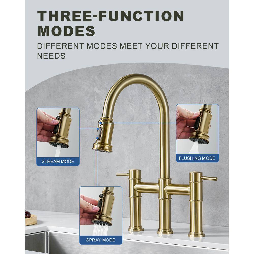Gold Double Handle Bridge Kitchen Faucet with Pull Down Sprayer