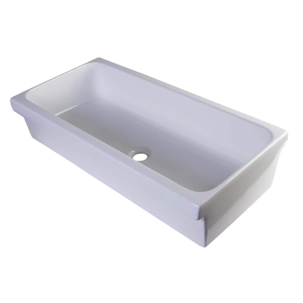 White Fireclay Rectangular Trough Bathroom Sink, 36 Inch