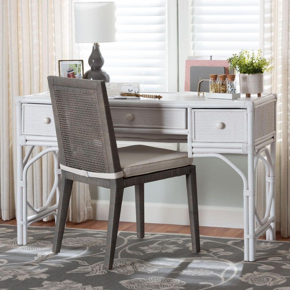 Arben 47.2 in. White Rattan 3-Drawer Desk