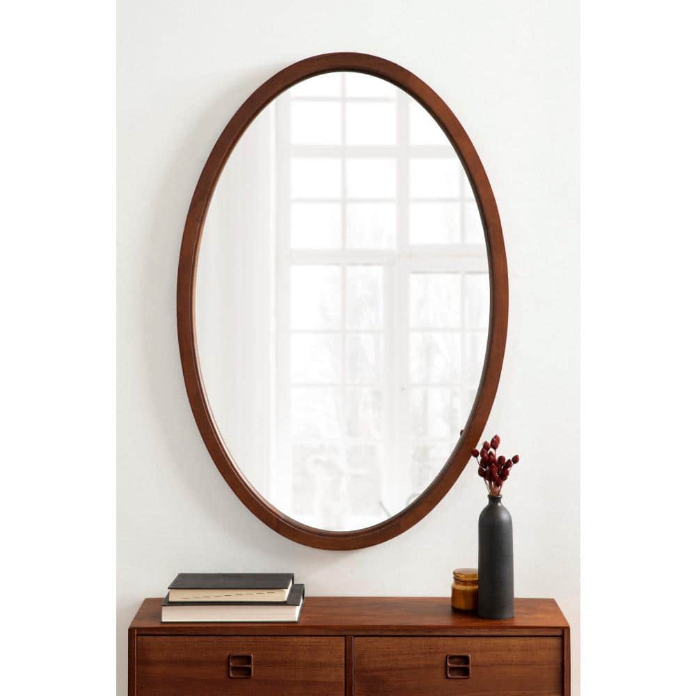 Walnut Brown Oval Wood Framed Bathroom Vanity Mirror