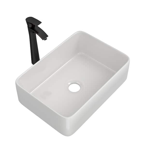 19 in. Vessel Rectangular Bathroom Sink with Faucet in White Ceramic