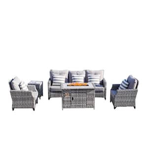 Maxwell 5-Pieces Wicker Patio Fire Pit Conversation Set with Gray Cushions