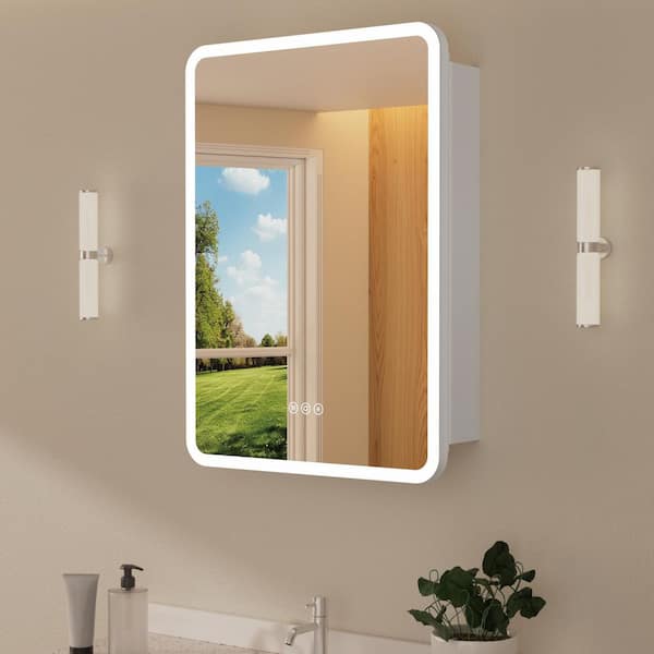 HBEZON Aura 16 in. W x 24 in. H Rectangular Aluminum Recessed/Surface Mount Dimmable Medicine Cabinet with Mirror, Right Hinge