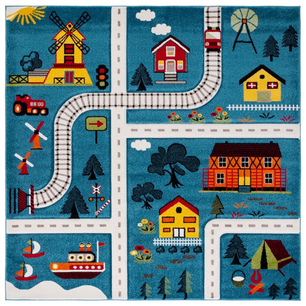Carousel Kids 5 ft. x 5 ft. Blue/Beige Neighborhood Roads Square Area Rug price history on PriceWatchPro