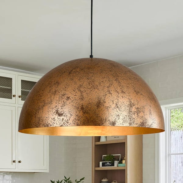 PCover 1-Light Industrial 23.6 in. Rust Finish Pendant Light with Gold Leaf Interior Vintage Dome Ceiling Light