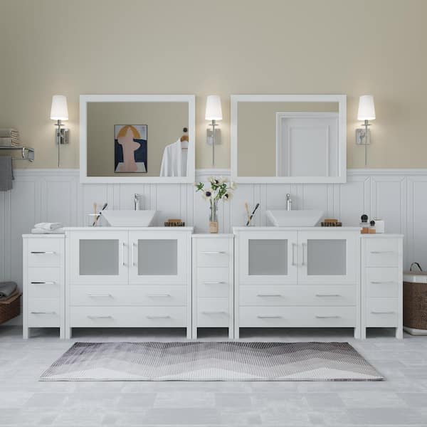 Vanity Art Ravenna 108 in. W Bathroom Vanity in White with Double Basin in White Engineered Marble Top and Mirrors