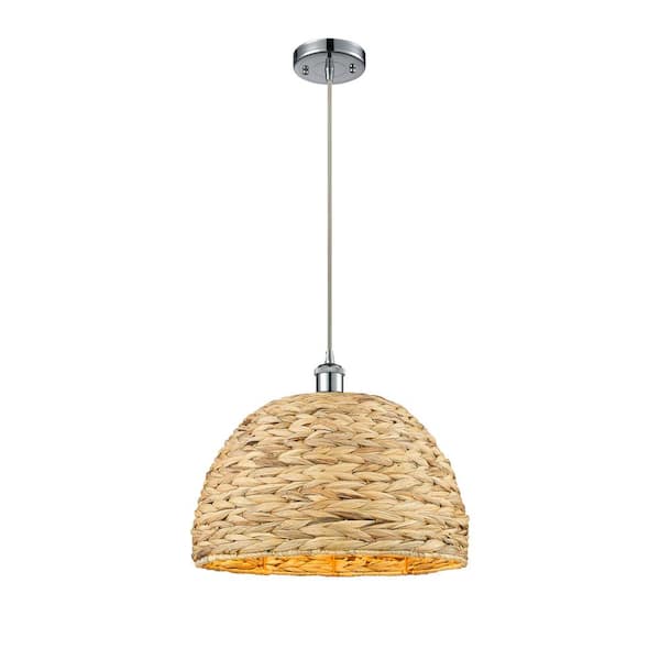 Innovations Woven Rattan 100-Watt 1-Light Polished Chrome Shaded Mini Pendant Light with Rattan Shade