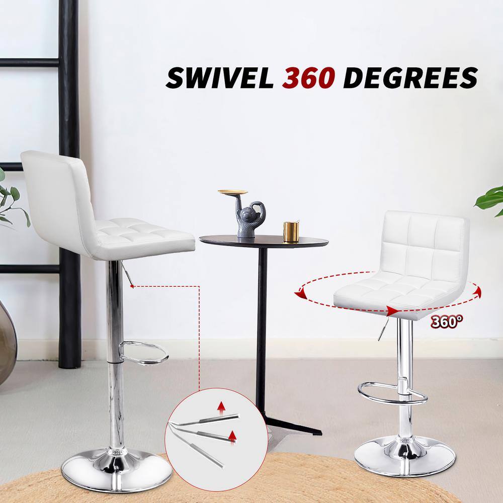 White Adjustable Metal Bar Stool Set with Faux Leather and Swivel