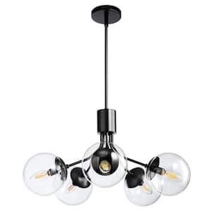 5-Light Black Chandelier with Globe Glass Shade Height Adjustable Pendant Light for Dining Room with No Bulbs Included