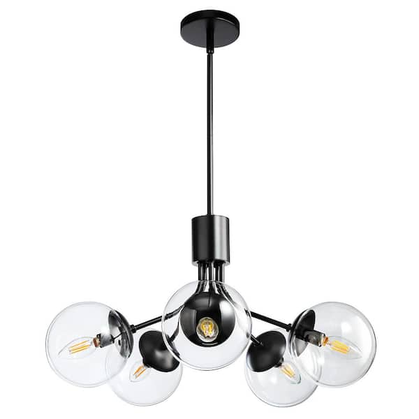 KAISITE 5-Light Black Chandelier with Globe Glass Shade Height Adjustable Pendant Light for Dining Room with No Bulbs Included