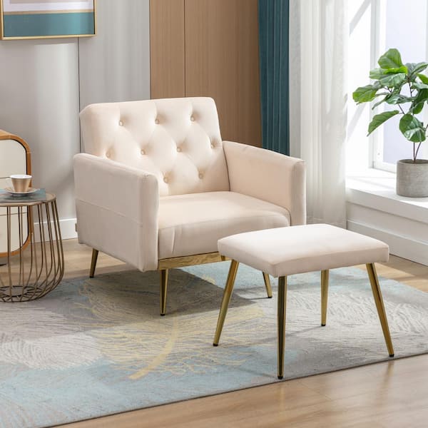 HOMEFUN Modern Beige Velvet Adjustable Accent Chair with Ottoman Convertible Recliner Chaise Lounge Chair and Ottoman Set