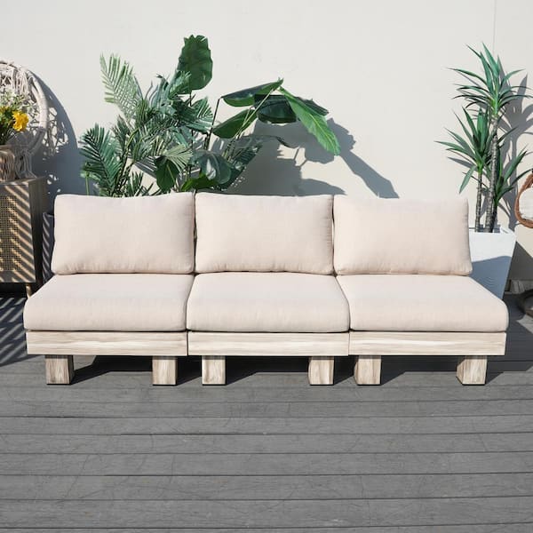 Gustave W81. 4"*d28. 9"*h25. 7" Aluminum Outdoor Wood Grain Armless Three-seat Sectional Sofa with Beige Cushions
