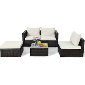 5-Piece Wicker Patio Conversation Set Rattan Sectional Furniture Set with Off White Cushions and Coffee Table
