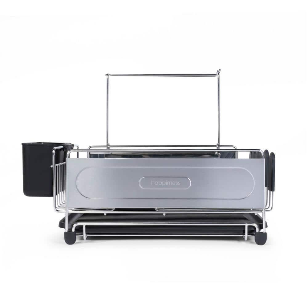 Compact Stainless Steel Dish Rack with Utensil Cup and Wine Glass Holder