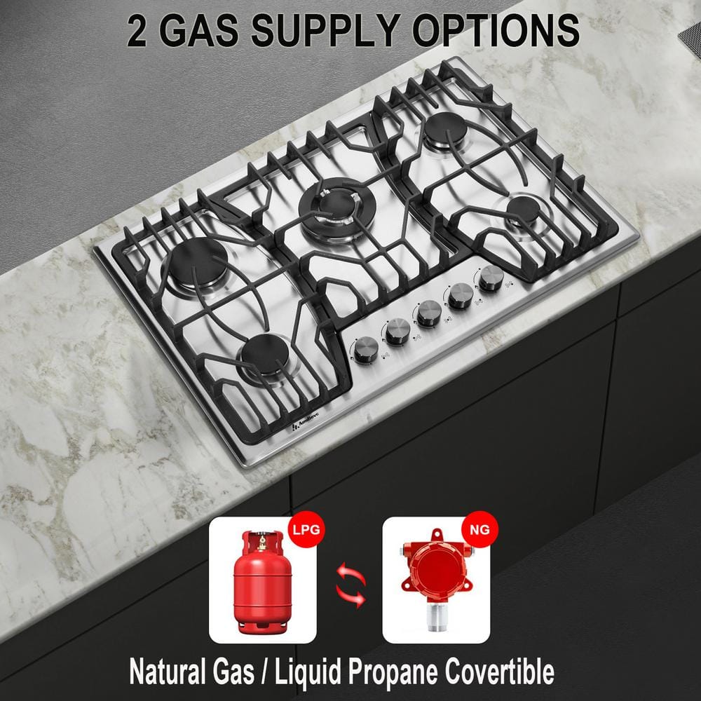 30-Inch Stainless Steel 5-Burner Gas Cooktop with Cast Iron Grates