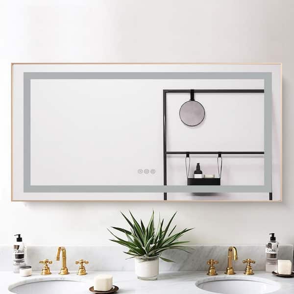 48 in. W x 24 in. H Rectangular Aluminum Framed Backlit and Front Light LED Wall Bathroom Vanity Mirror in Brushed Gold