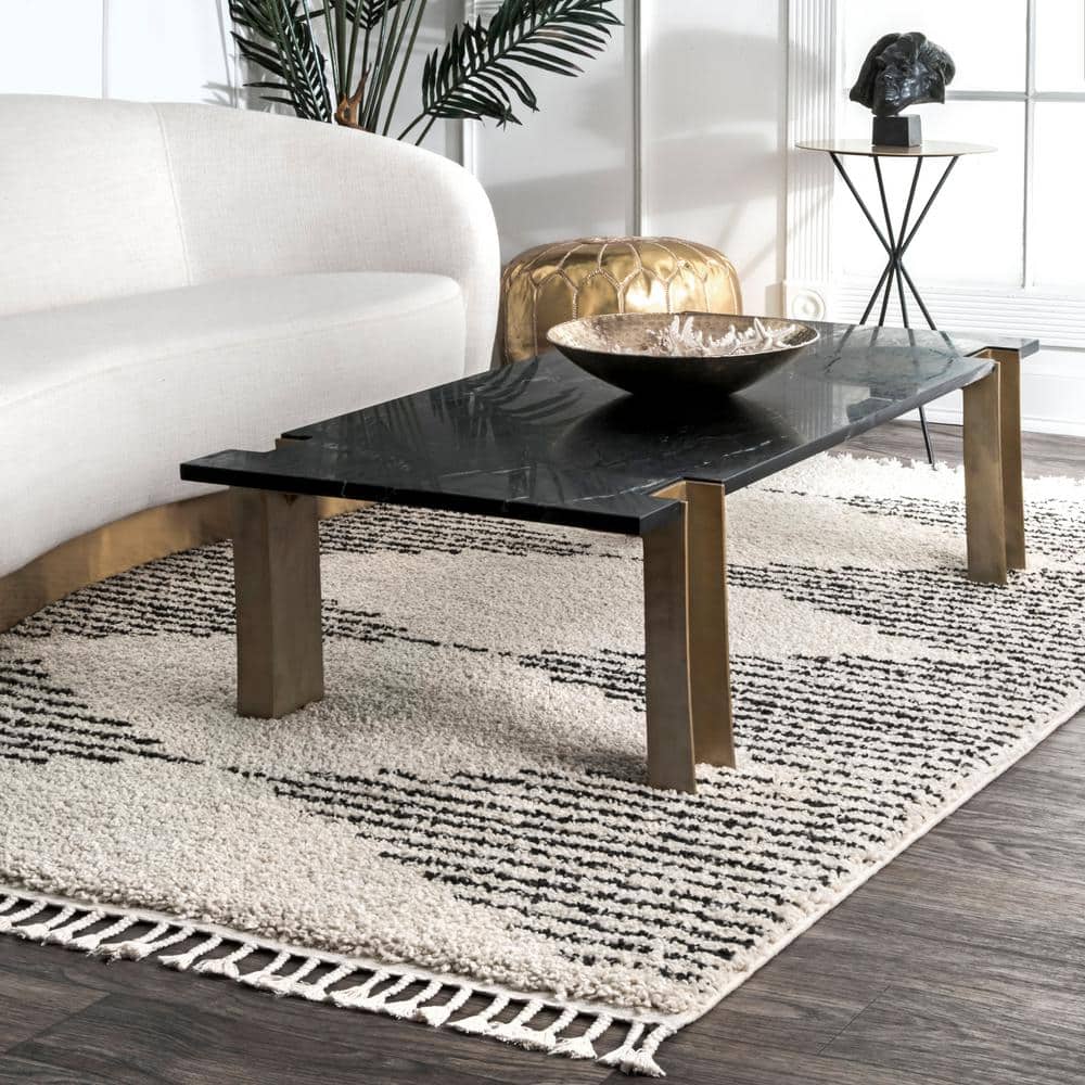 Off-White Synthetic Square Shag Rug with Braided Tassels