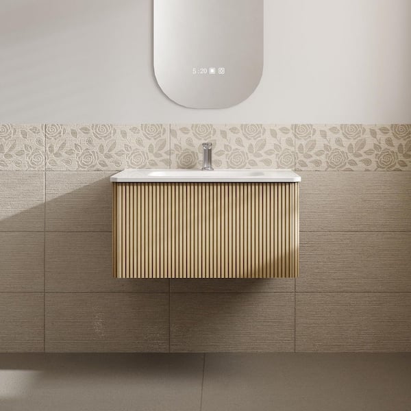 Aaby 30 in. W x 18 in. D x 15 in. H Wall Mounted Floating Bath Vanity Cabinet in Oak with White Ceramic Top and Sink