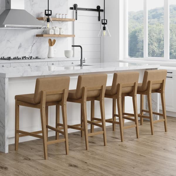 Nathan James Gracie 24 in. Modern Counter Height Bar Stool with Back, Brushed Light Brown Wood Legs and Upholstered Seat, Set of 4