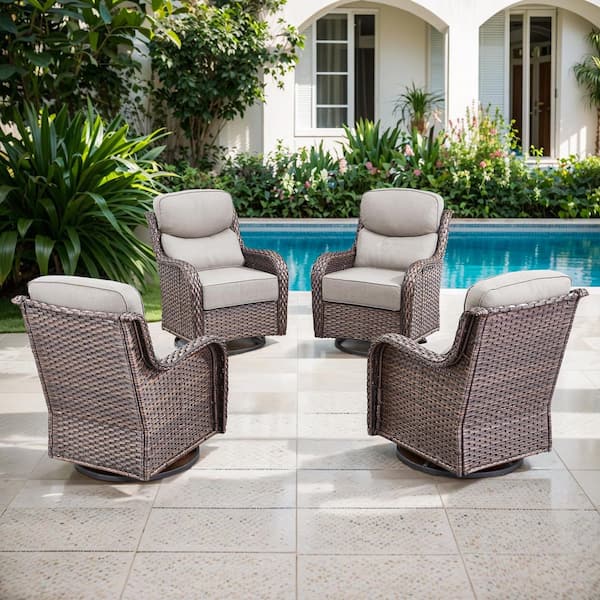 5 in. Thicken Outdoor Swivel Brown Wicker Outdoor Rocking Lounge Chair with CushionGuard Beige Cushions (Set 4-Pack)