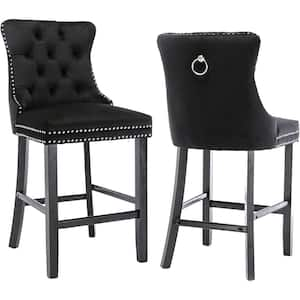 2-Piece 41.3 in. Black High Back Velvet Upholstered Bar Stool Side Chair with Wood Legs, Tufted Cushion Seat (Set of 2)