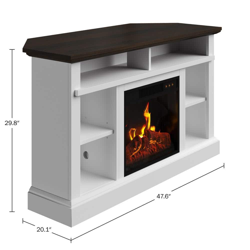 White Corner TV Stand with Electric Fireplace and Storage Cabinet