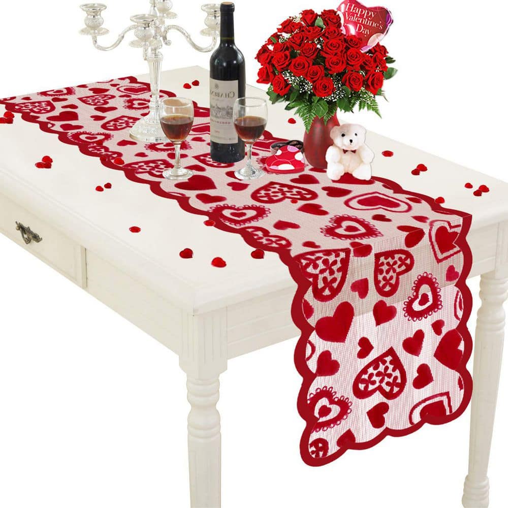 13 in. W x 72 in. LInch Red Lace Table Runner for Wedding Party, Valentines
