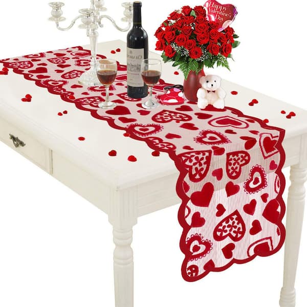 Angel Sar 13 in. W x 72 in. LInch Red Lace Table Runner for Wedding Party, Valentines Decorations