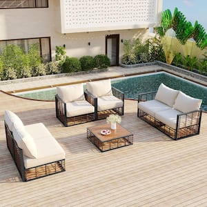 7-Piece Black Metal Patio Conversation Set, Sofa Set with White Cushions and Coffee Table, All-Weather Use