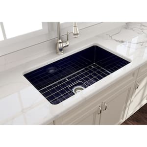 Sotto Undermount Fireclay 32 in. Single Bowl Kitchen Sink with Bottom Grid and Strainer in Sapphire Blue