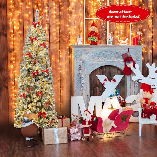 6 ft. Pre-Lit Pencil Snow Flocked Pencil Artificial Christmas Tree Holiday Decoration