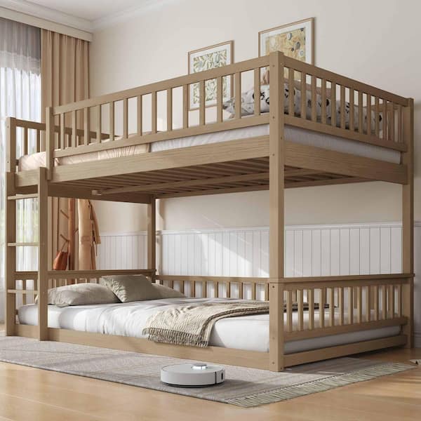 Walnut Queen Over Queen Bunk Bed with Ladder and Guardrails
