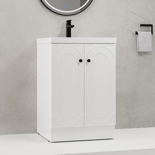 24 in. Single Sink Freestanding White Bath Vanity with White Resin Top, Adjustable Shelf, Customizable Metal Handles