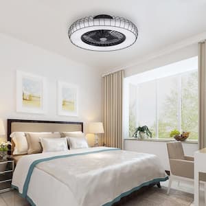 20 in. Black Cage Flush Mount Ceiling Fan with LED Light, Phone Control, 3 Speed, Timing, Brightness Adjustable