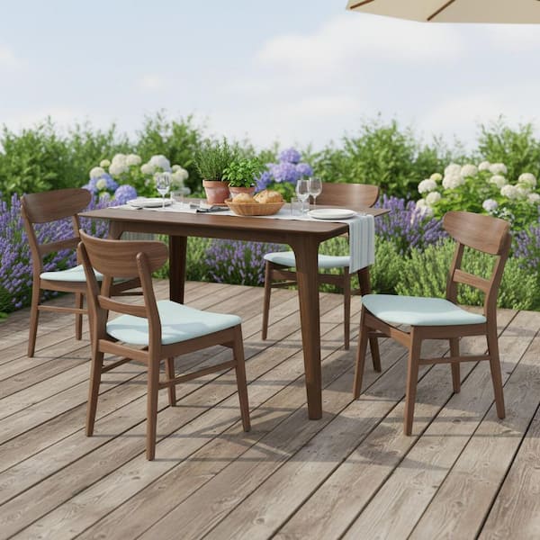 5-Piece Brown Wood Outdoor Dining Set with Mint Cushions