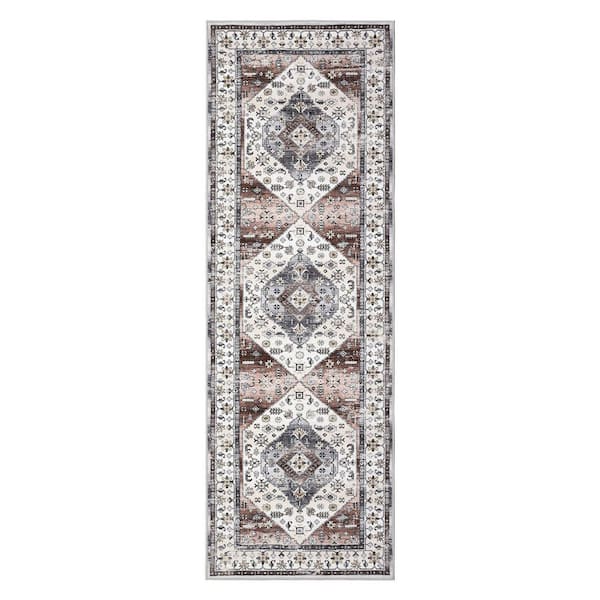 Garvee Vintage Carpet Dark Wine Red 2 ft. x 6 ft. Machine Washable Printed Deferred Short Pile Non-Slip Area Rug