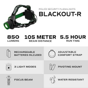 Blackout-R 850 Lumen Rechargeable Headlamp featuring Slide Focus Pivoting Head and Powerful LiPo Battery