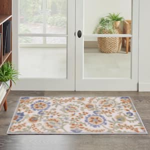 Aloha Ivory Blue Doormat 3 ft. x 4 ft. Floral Contemporary Indoor/Outdoor Area Rug