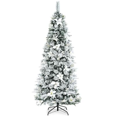 7 ft. Snow Flocked Pencil Artificial Christmas Tree with Berries and Poinsettia Flowers